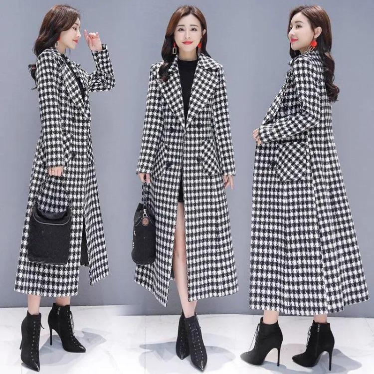 Houndstooth Plaid Woolen Coat for Women Mid Length Slim Fit Winter Warm Coat