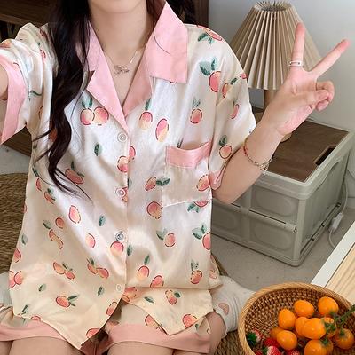 Ice Silk Pajamas Women'S Summer Day Thin High-End Peach Loungewear Sweet Outer Suit