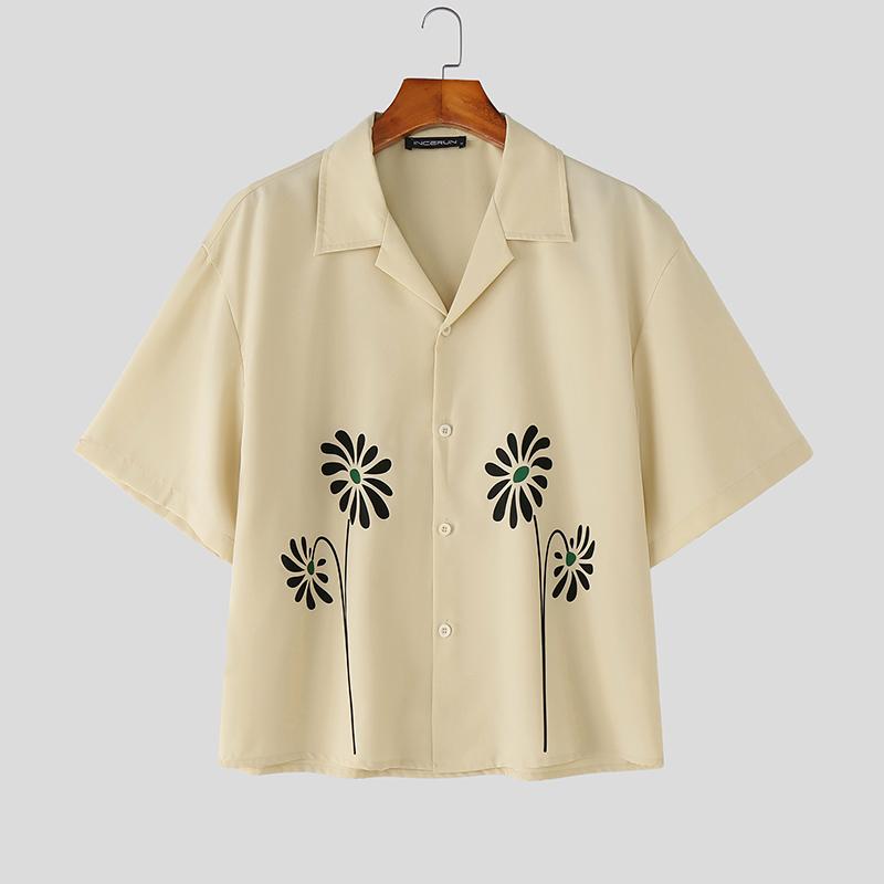 

INCERUN Oversized Men Lapel Neck Short Sleeve Button Down Print Casual Loose Cropped Shirts
