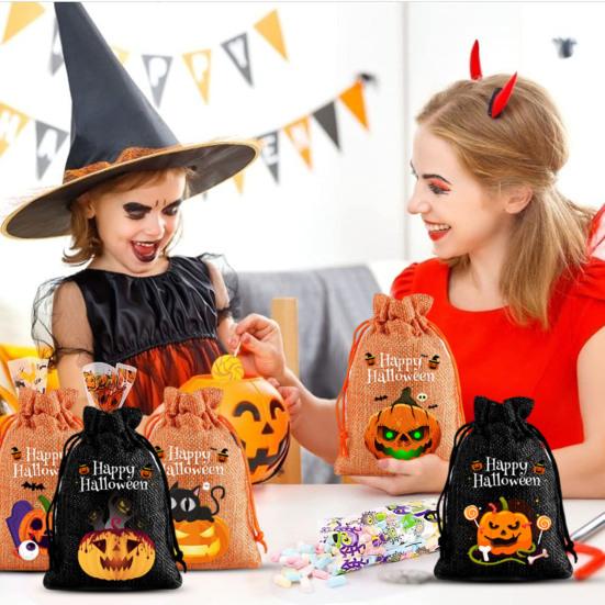 12Pcs Halloween Pumpkin Burlap Gift Bags Small Drawstring Goodie Treat Bag Halloween Linen Jute Candy Bag for Kids Trick or Treat Party Supplies