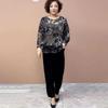 2PCS Pants Suts Spring Summer High-end Women's Printed Plus-Size Silk Blouse Velvet Pants Two-Piece Set Loose Flocked Velvet Blouse Velvet Pants Set