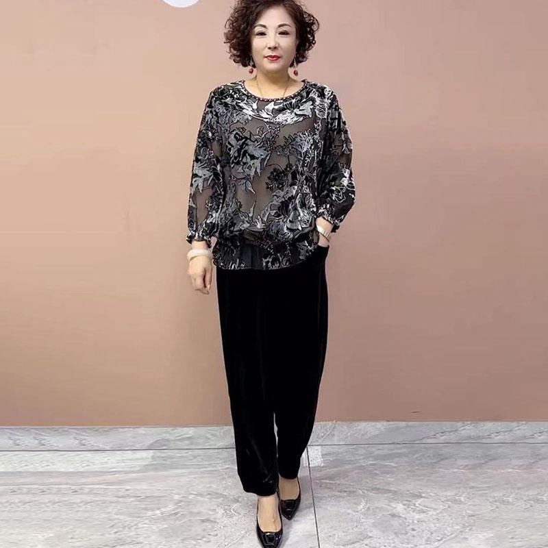 2PCS Pants Suts Spring Summer High-end Women's Printed Plus-Size Silk Blouse Velvet Pants Two-Piece Set Loose Flocked Velvet Blouse Velvet Pants Set