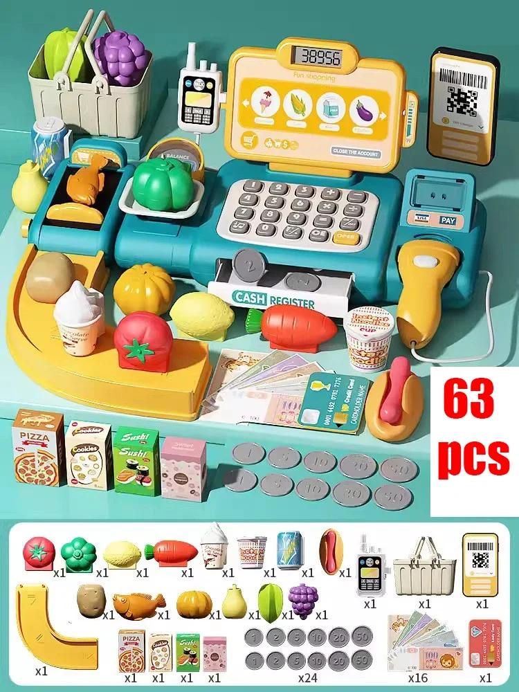 Non-Toxic 36-63Pcs Pretend Play Calculator Cash Register Toy Supermarket Shop Cashier Registers With Scanner Shopping Toys Gifts For Kids