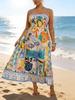 Plus Size Waist-Cinching Abstract Print Spaghetti Strap Summer Long Beach Dress