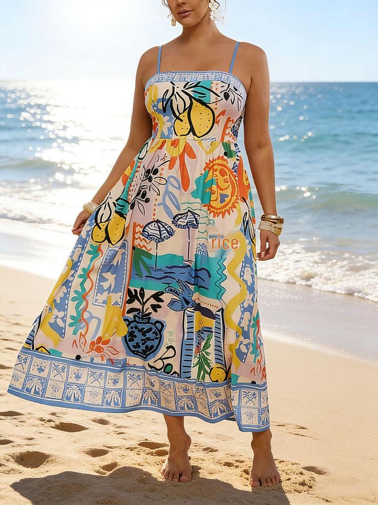 Plus Size Waist-Cinching Abstract Print Spaghetti Strap Summer Long Beach Dress