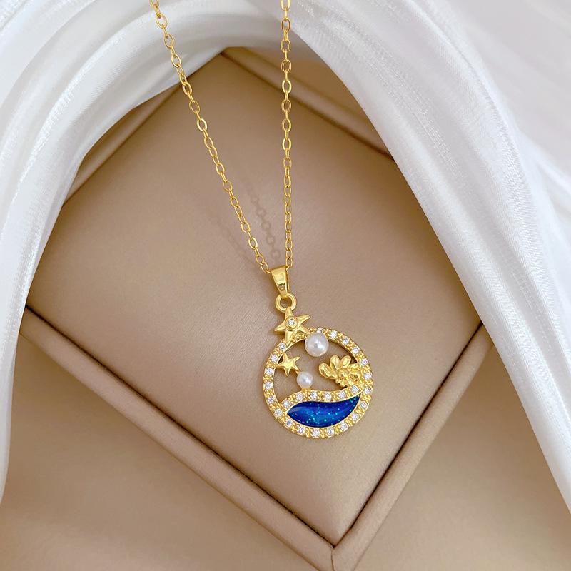 Perlenring Diamant Leichter Luxus Temperament Wunderschöne Voll Diamant Halskette Damen Vielseitige Schlüsselbein Kette Titan Stahl Kette