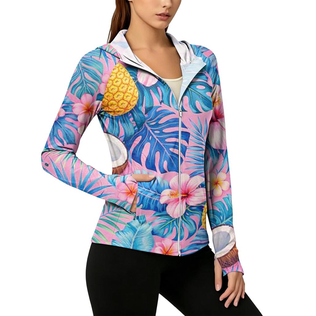 Women's Lightweight Zip-Up Hoodie with Hood and Pockets Hawaiian Print Long Sleeve Sun Protection Jacket for Outdoor Activities