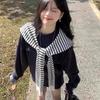 Korean  Black And White Striped Solid Color Knitted Shawl For Women
