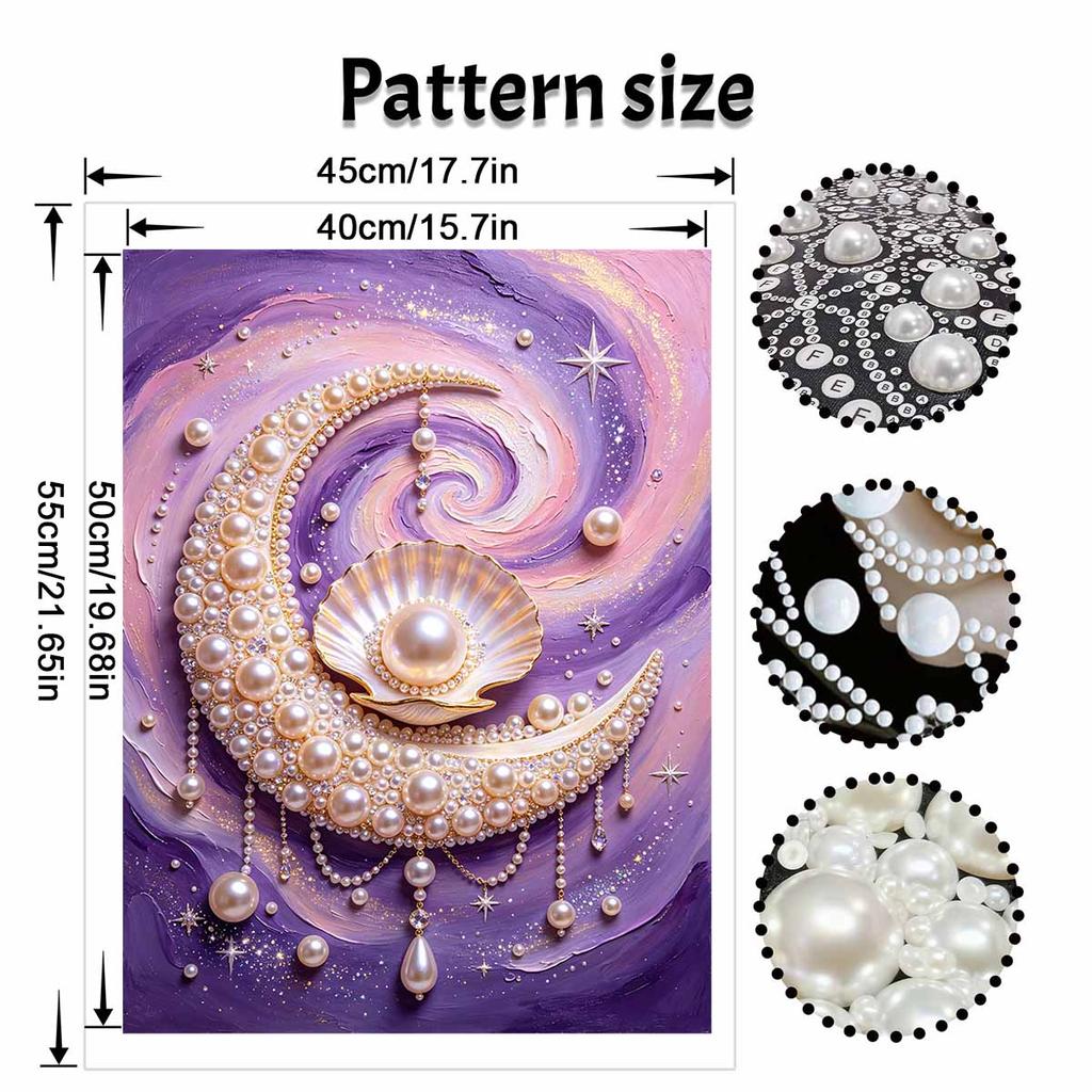 Framed Pearl Bead Painting Kit Celestial Moon Shell Design DIY Shiny Canvas Art Relaxing Craft Gift for Craft Lovers Creative Wall Decor