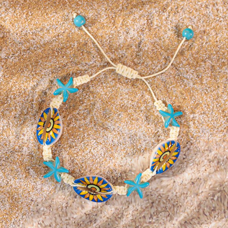 1011 Ocean Resort Wind Starfish Shell Bracelet, Daisy Rainbow Print Hand Rope Tide