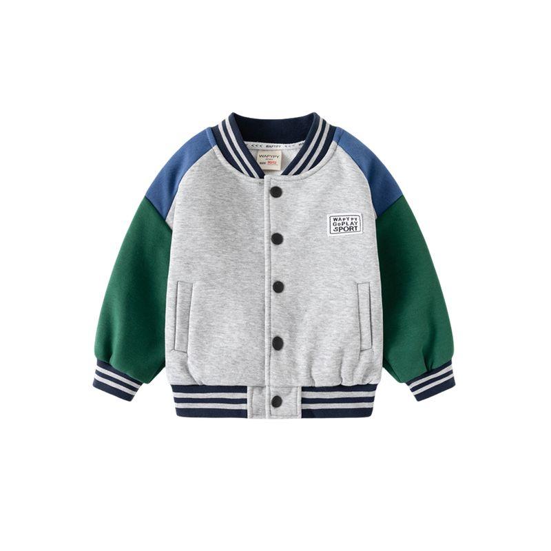 Children's Letters Baseball Uniform Outerwear Spring and Autumn Boys' Button Fleece-lined Hoodie Baby Boys' V-neck Color Matching Clothes