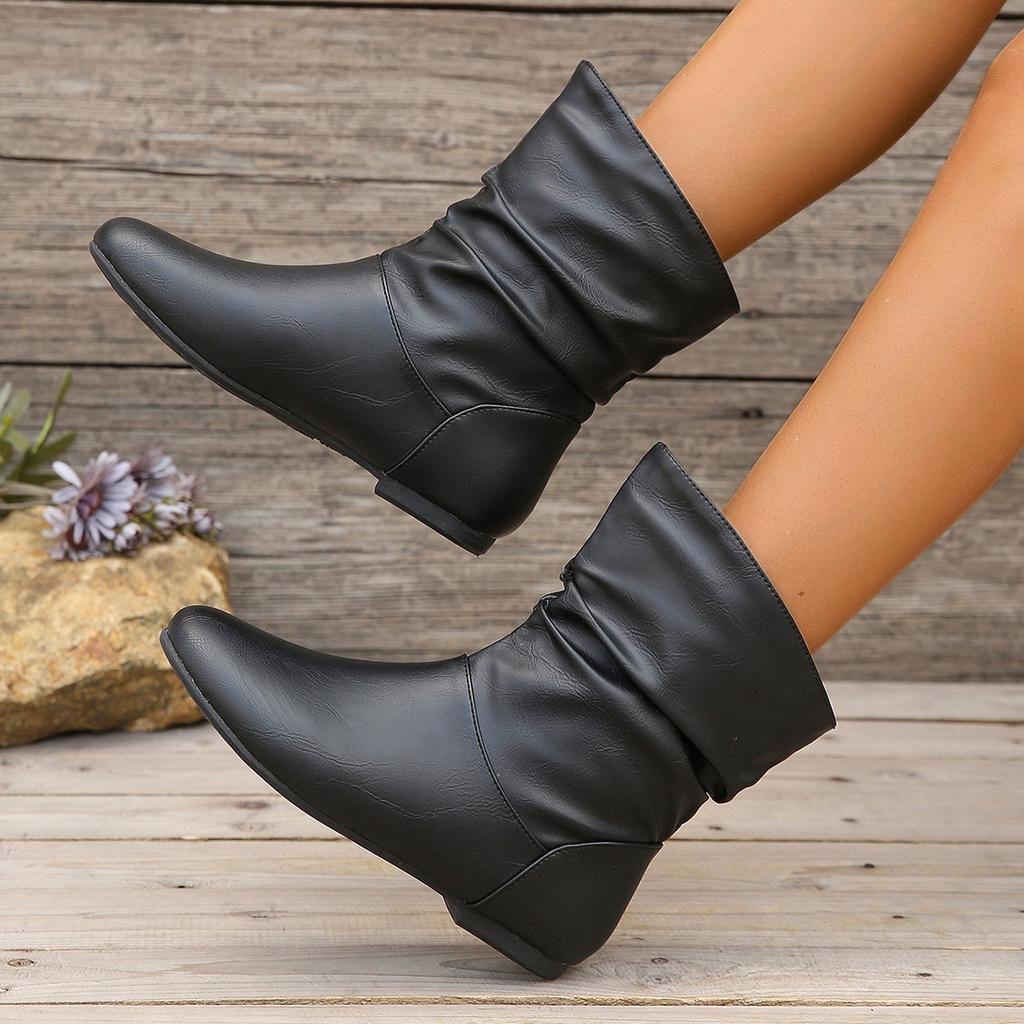 Size 36-42 Autumn Women Leather Short Boots Slip on Pleated Round Toe Low Heel Women's Boots Botines Para Mujeres Botas