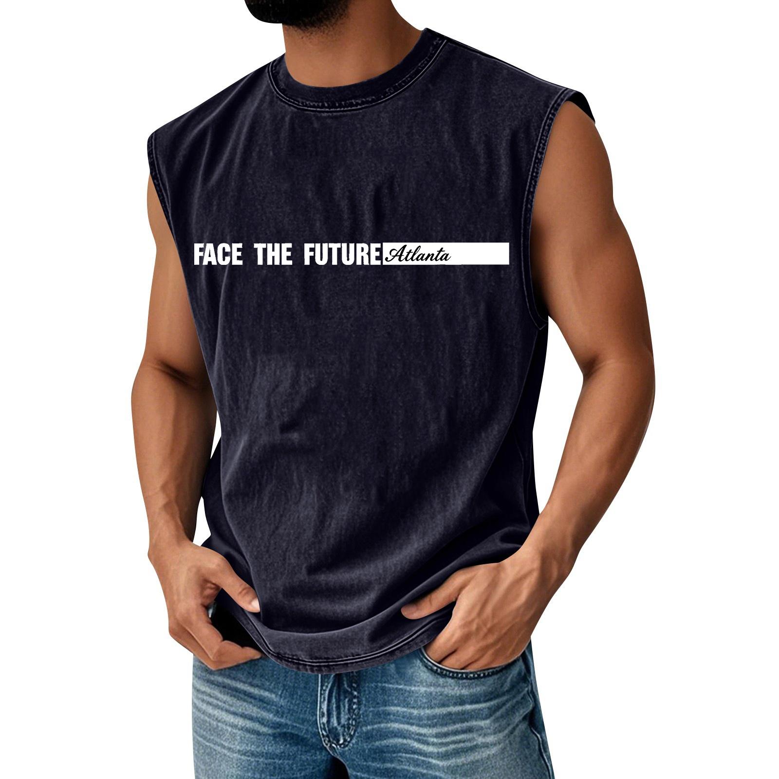 Men s Loose And Casual Trend Letter Print T-shirt - Men s Washed And Distressed Breathable Sports Sleeveless Top L чёрный