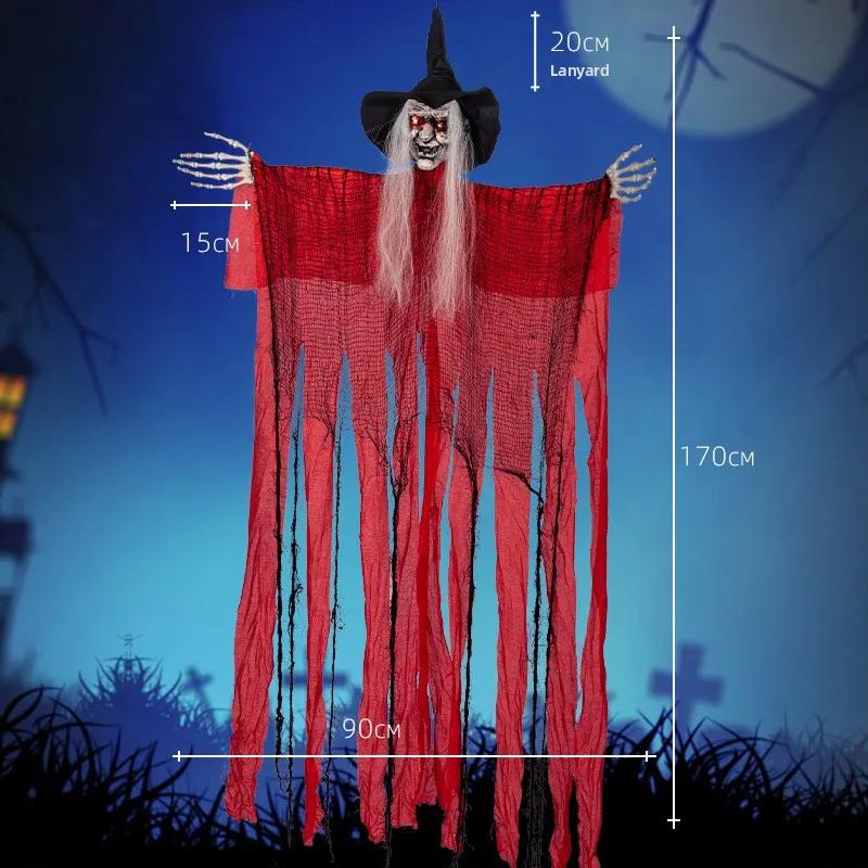Halloween Decorations Hanging Witch with Motion Sensor Sound and Light Scary Red Dressed Witch Hanging Ghost for Spooky Party