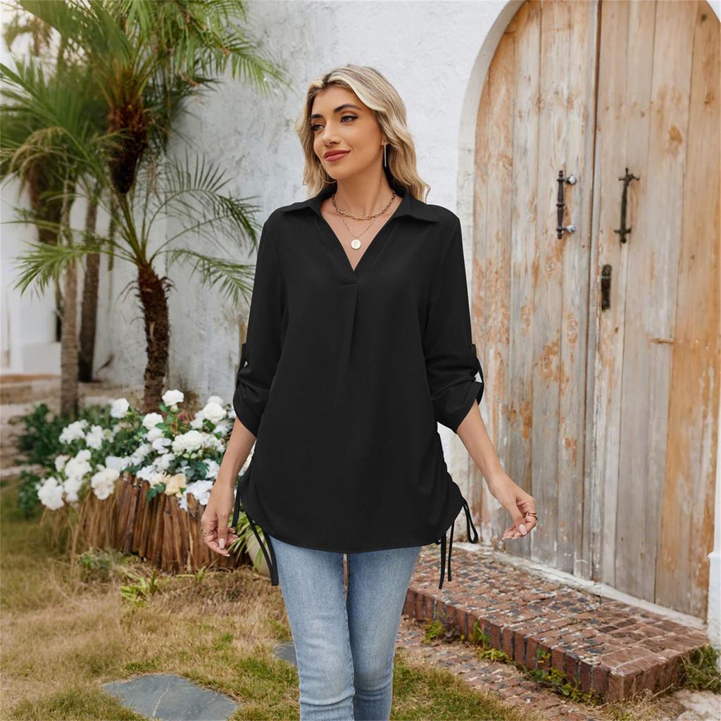 Women's Fashion Casual Solid Color Lapel Mid Sleeve Shirt Loose Top