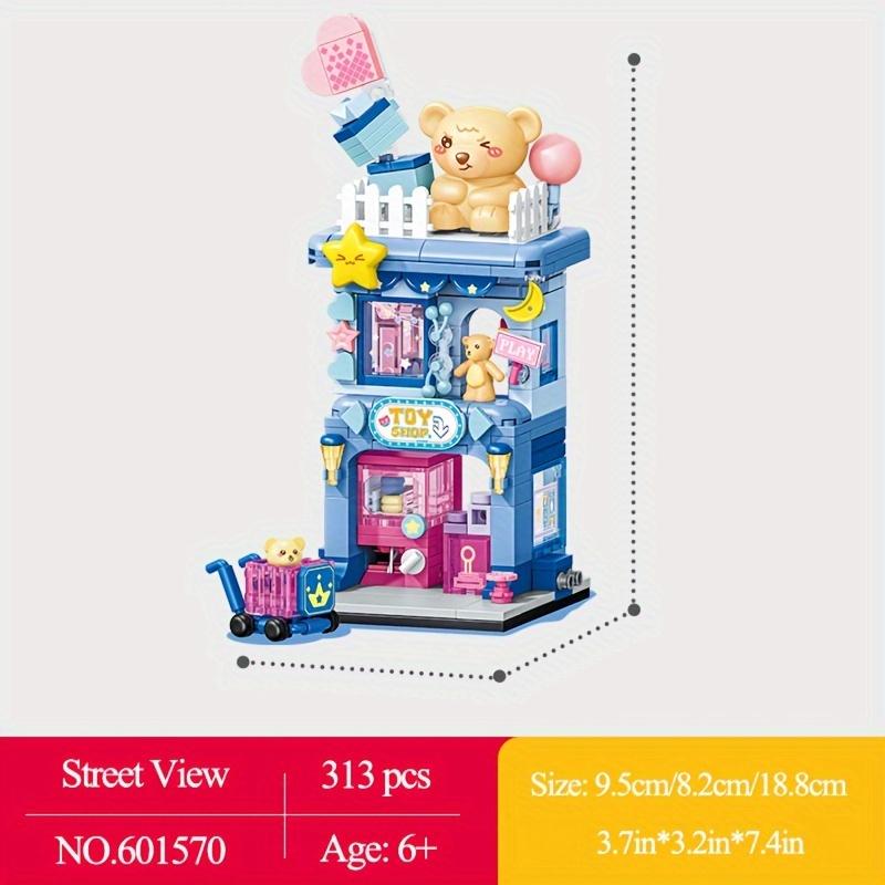 4 Styles Cute Street View Building Blocks, Kid's Birthday Gifts, Creative Cartoon Coffee Shop Retail Store Model Mini Bricks