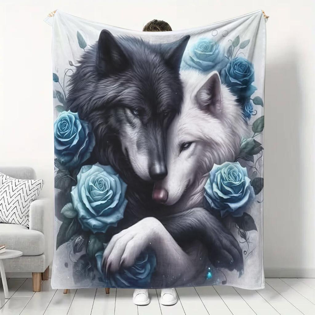 Cozy Blue Rose & Wolf Couple Print Flannel Blanket - Soft, Warm Polyester Fabric, Ideal for Sofa, Office Bed, Camping, and Napping, All-Season Comfort