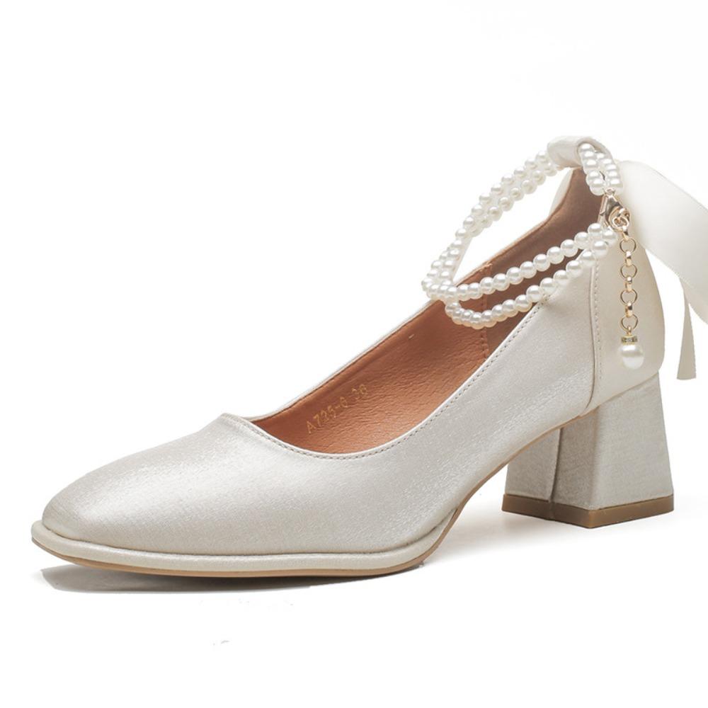 2025 New French-Style Women's Wedding Shoes - Bowknot Fairy Bridesmaid Shoes, Two-Way Wear Block Heel, Comfortable Non-Tiring Feet, StyleXCY34-888-200
