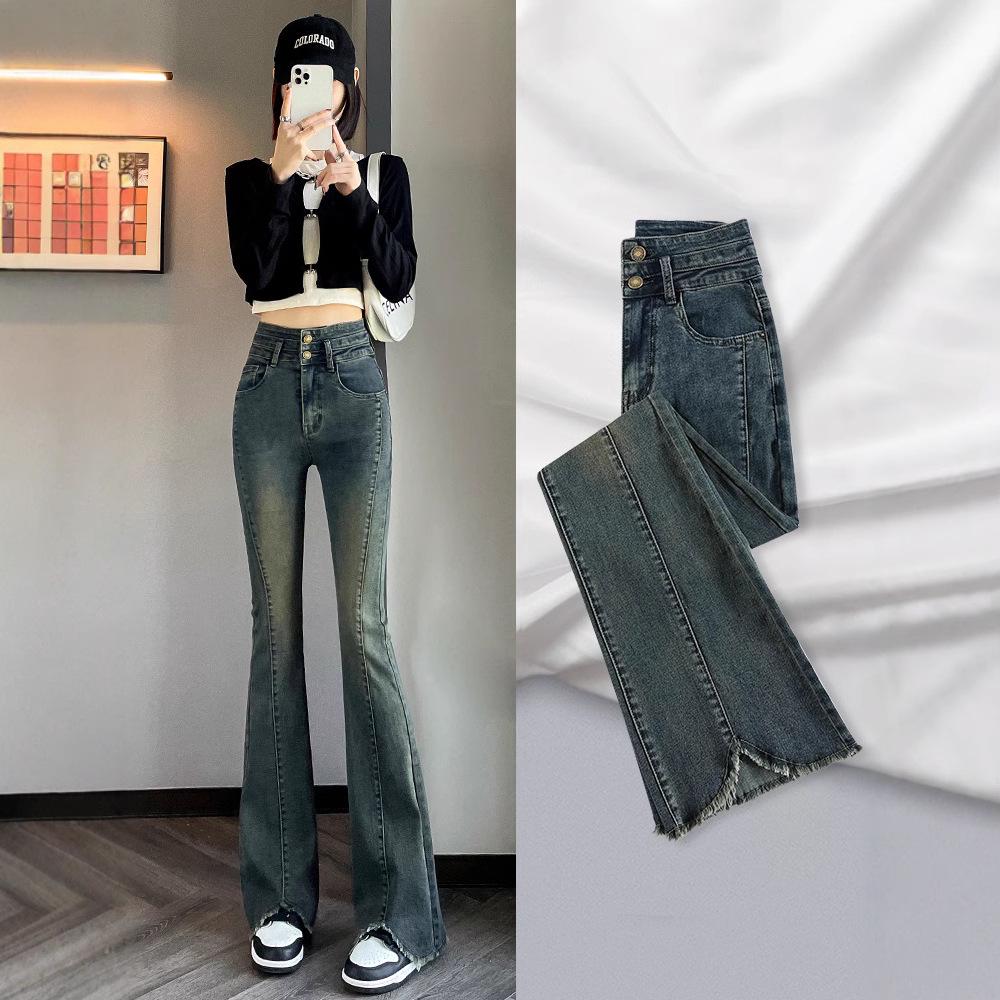 

Autumn Slimming Micro-Flare Jeans with Raw Hem Slit for Women M