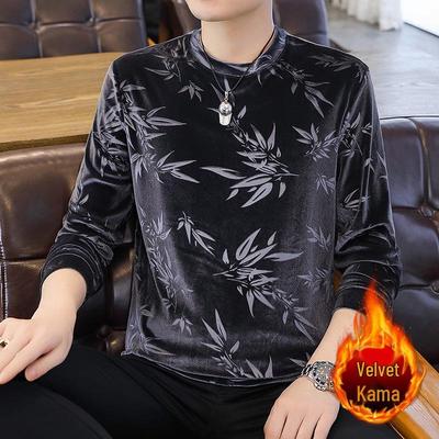 Herrvinter hoodie i guld sammet: Rundhalsad, Långärmad, Med sammet, Mångsidig koreansk stil, Avslappnad tryckt design.