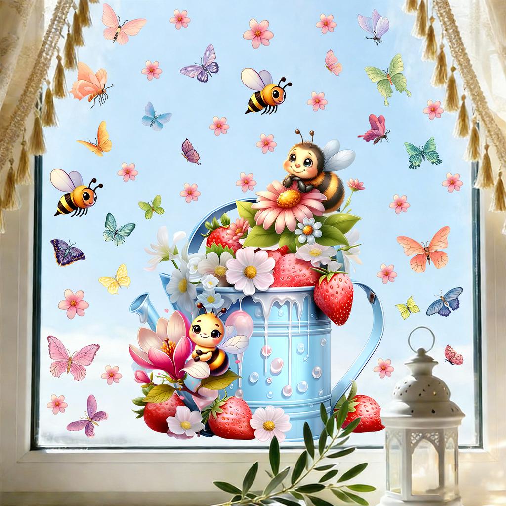 Frühlingsgarten Blumig Statisch Haftend Fensteraufkleber Abnehmbar Wiederverwendbar für Schlafzimmer Wohnzimmer Balkon Glas Heimdeko Kunst