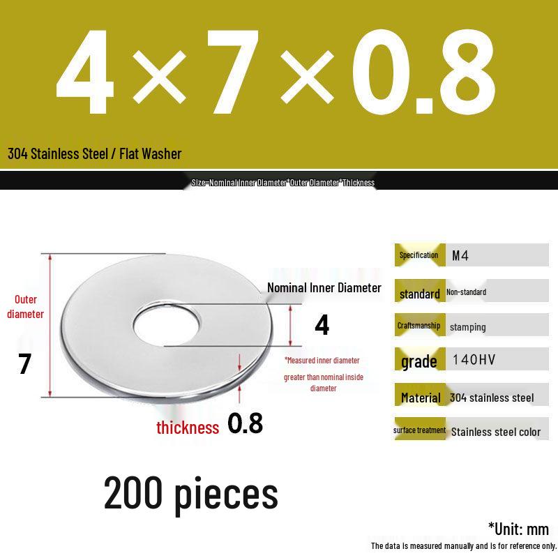 304 Stainless Steel Thickened Flat Washer Set, Sizes 2-36