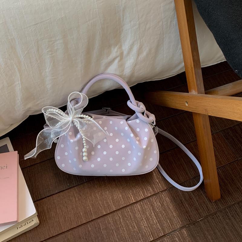 Korean Retro Polka Dot Handbag Pleated Stylish Pillow Bag Pearl Mesh Bow Charm Magnetic Closure Exquisite Compact Crossbody Bag
