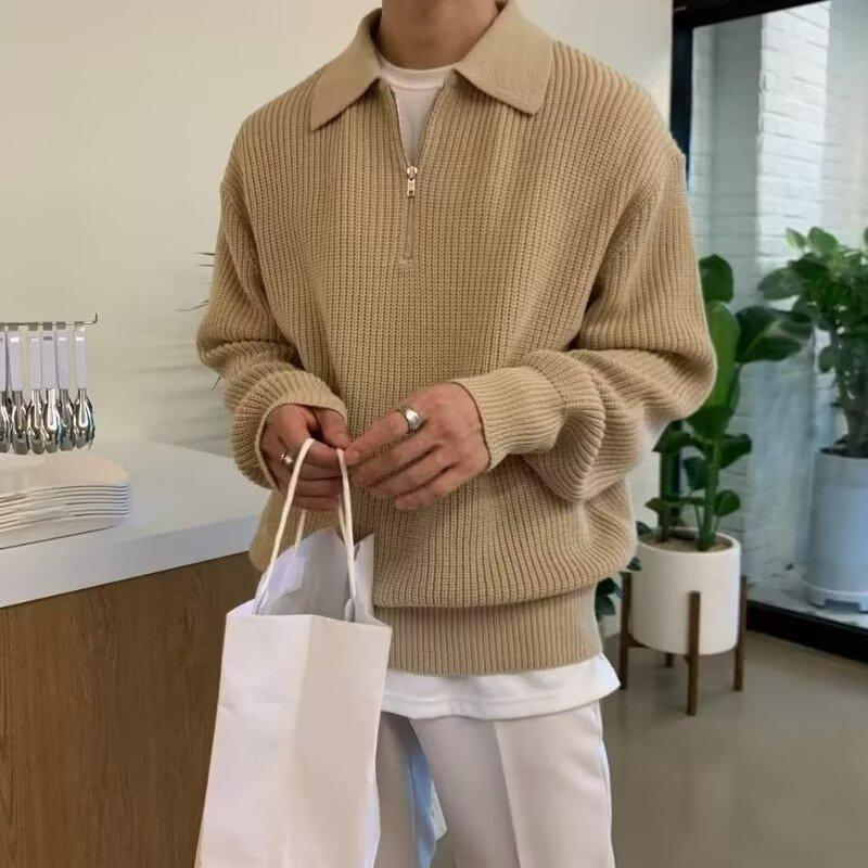 Men's Retro High-End Half-Zip Knit Sweater - Casual Loose Fit, Autumn/Winter Japanese Style with Lapel.