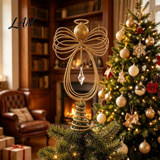 Decorative Holiday Home Accents Angel Christmas Tree Topper, Gold Glitter Metal Wire Crown Spring Base Topper Ornament for Decor And Seasonal