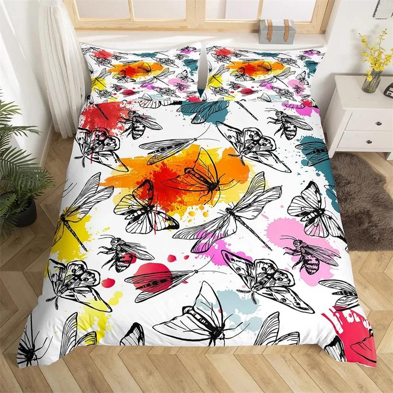 Dragonfly Duvet Cover King Butterfly Flower Leaves Bedding Set Microfiber Nature Animals Plants Quilt Cover For Teens Girls Room