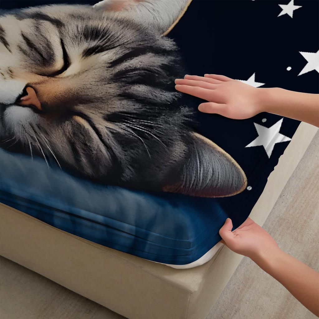 1 st Härligt Sovande Katt Tryck Spännlakan 100% Polyester Slitstarkt Sängkläder Set Lakan för Hem Sovrumsinredning Födelsedagspresent