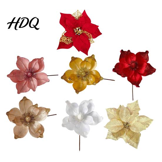 Multi Layered Fabric Flower Decorations Red Gold Poinsettia Artificial Flower Large Glitter Christmas with Clip Xmas Festive Party Floral Decor Tree