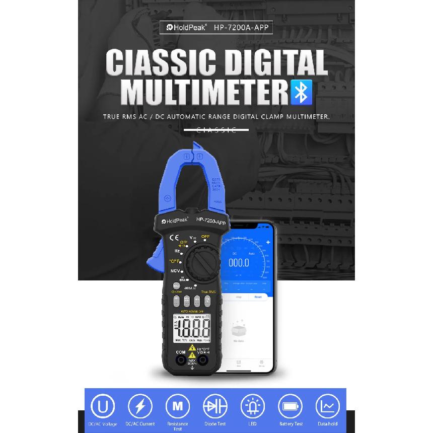 HP-7200-APP Bluetooth Clamp Meter, TRMS 6000 Counts Digital Multimeter, Non-contact AC DC Voltage Current Resistance Tester