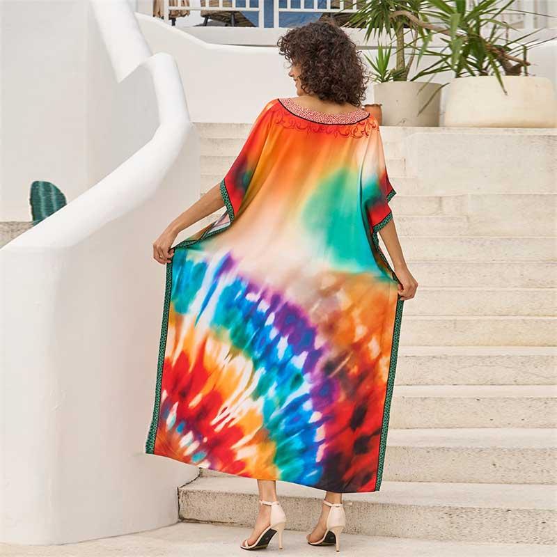 EDOLYNSA 2024 Boho Colorful Printed Batwing Sleeve V-neck Beach Dress Women Summer Swimwear Coverup Cozy Plus Size Kaftan Homewear Q1674
