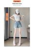 Women's High-Waisted A-line Denim Shorts with Lace Trim