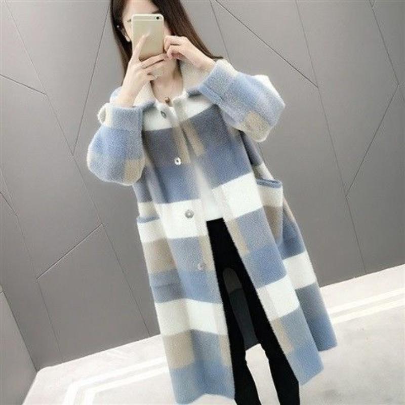Stylish and Warm: New Spring Collection Faux Mink Fur Collar Over-Knee Loose Plus-Size Knitted Cardigan Coat for Women