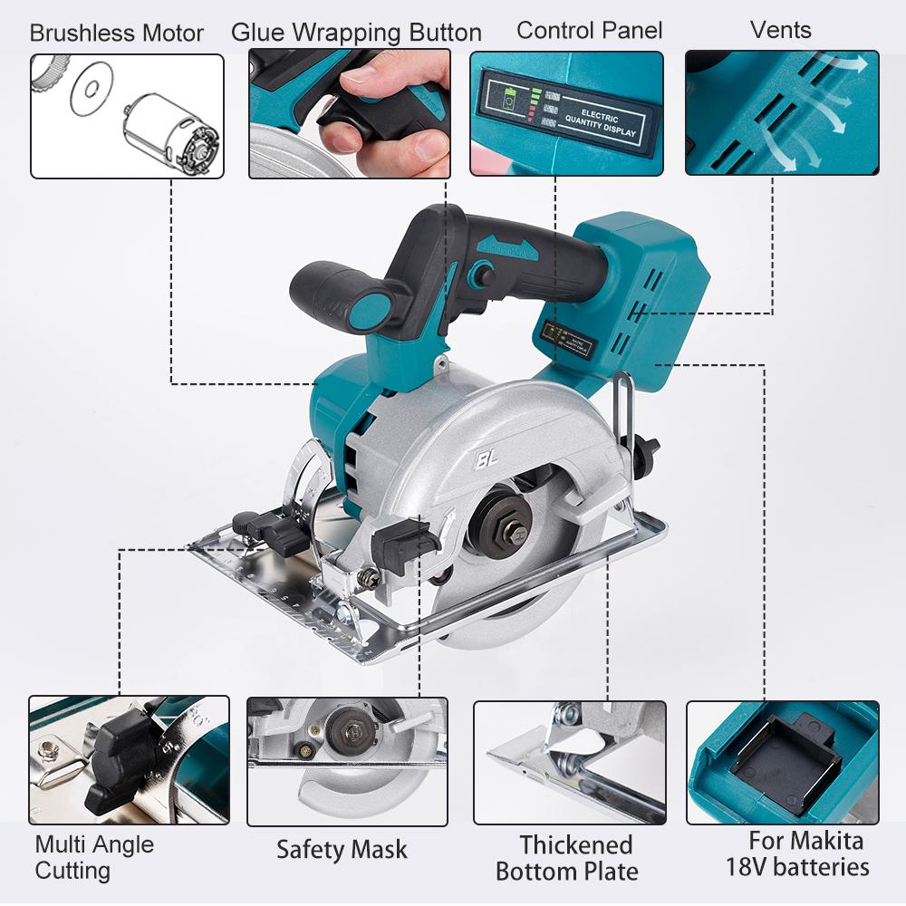 Brushless Electric Circular Saw 5 Inch 125mm Cordless Woodworking Cutting Power Tool   For Makita 18V Battery
