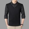 Fengxiao Men's Fake Two-Piece Striped Fleece-Lined Pullover Sweater