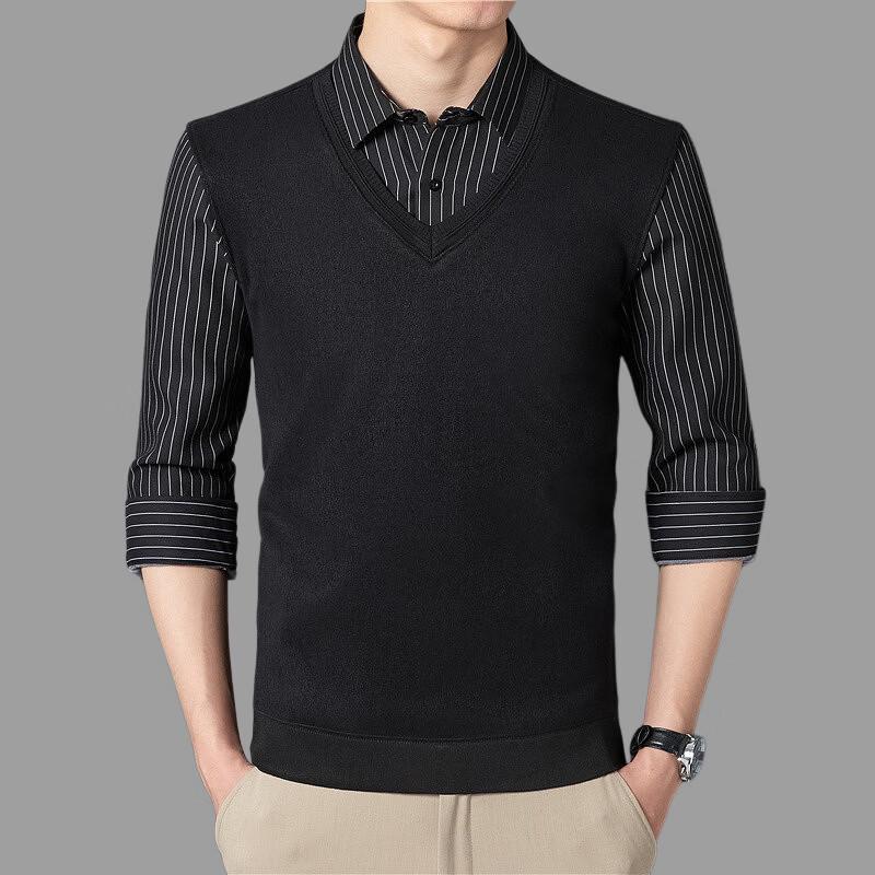 Fengxiao Men's Fake Two-Piece Striped Fleece-Lined Pullover Sweater