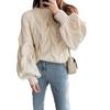 Women's Autumn/Winter Lantern Sleeve Cable Knit Sweater - Loose, Round Neck, Twisted Stitch Pullover.