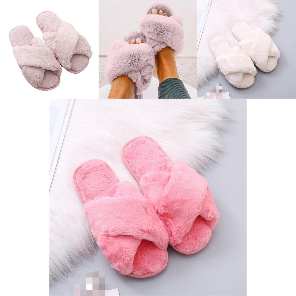 Stylish Ladies Fur Fluffy Slippers Cross Furry Summer Mules Shoes In Black