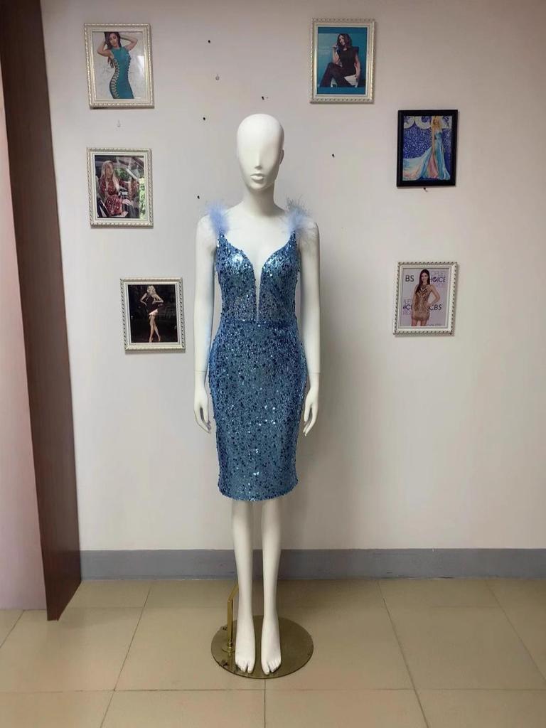 European and American Women's Sequined Deep V-Neck Sleeveless Evening Dress with Feather Accent