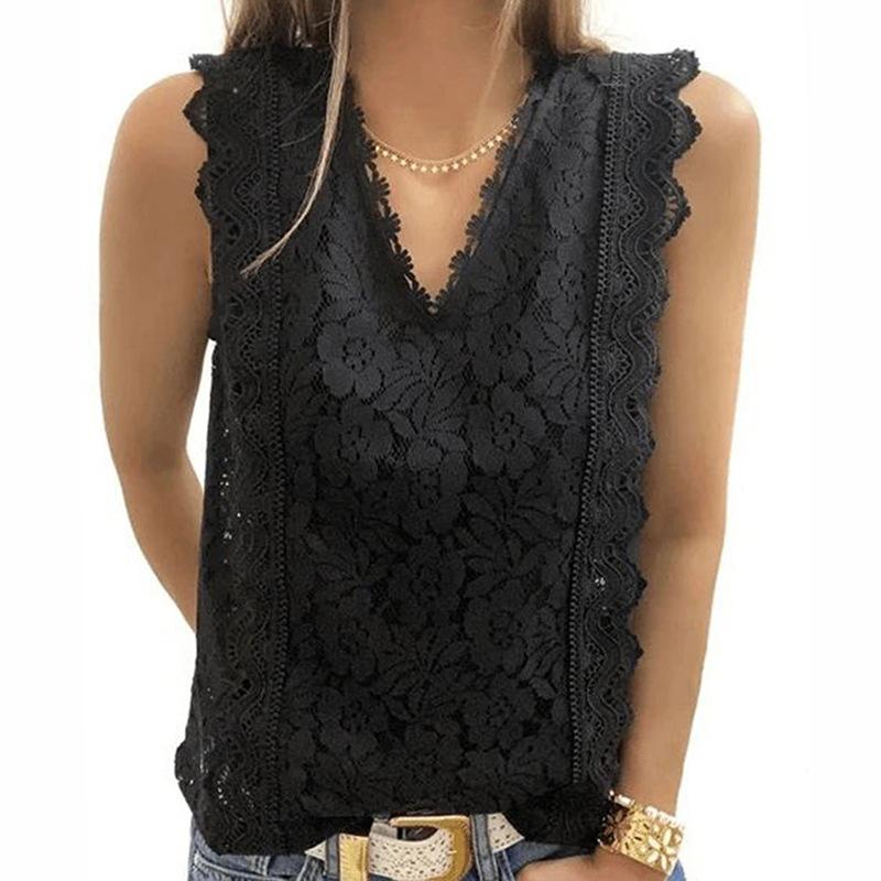 Women's Fashion Sleeveless Floral Printed Blouse Solid Color V-Neck Crochet Lace Casual Tank Top