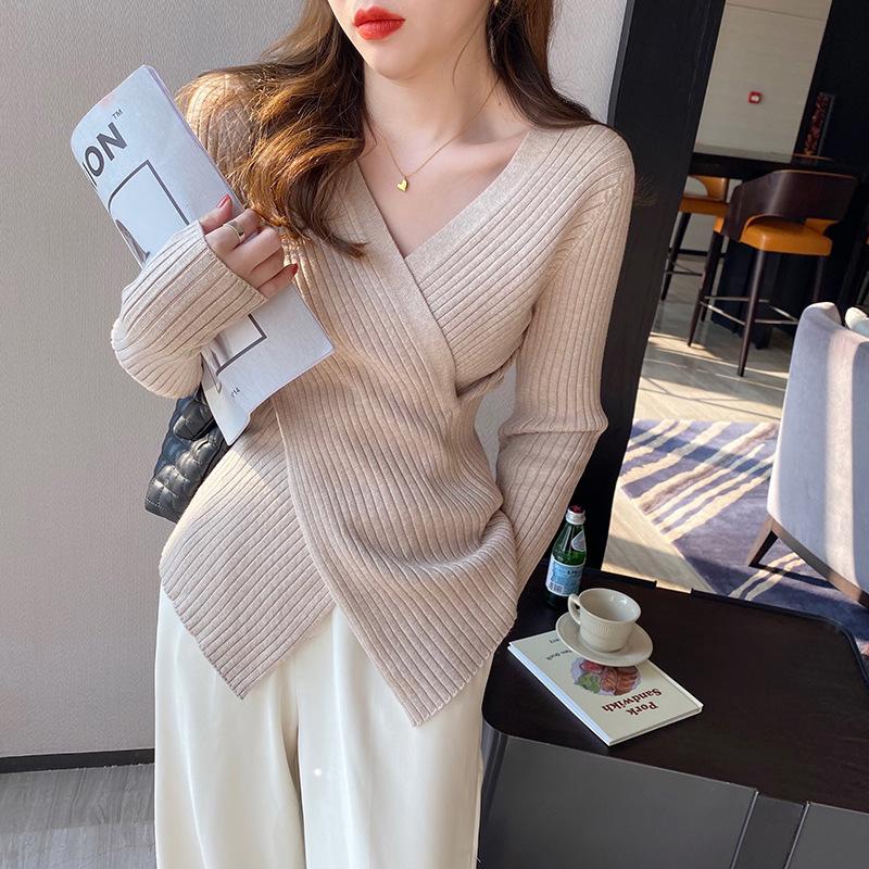 Women's V Neck Cross Wrap Knit Sweater Long Sleeve Slim Fitted Basic Knitwear Inner Top