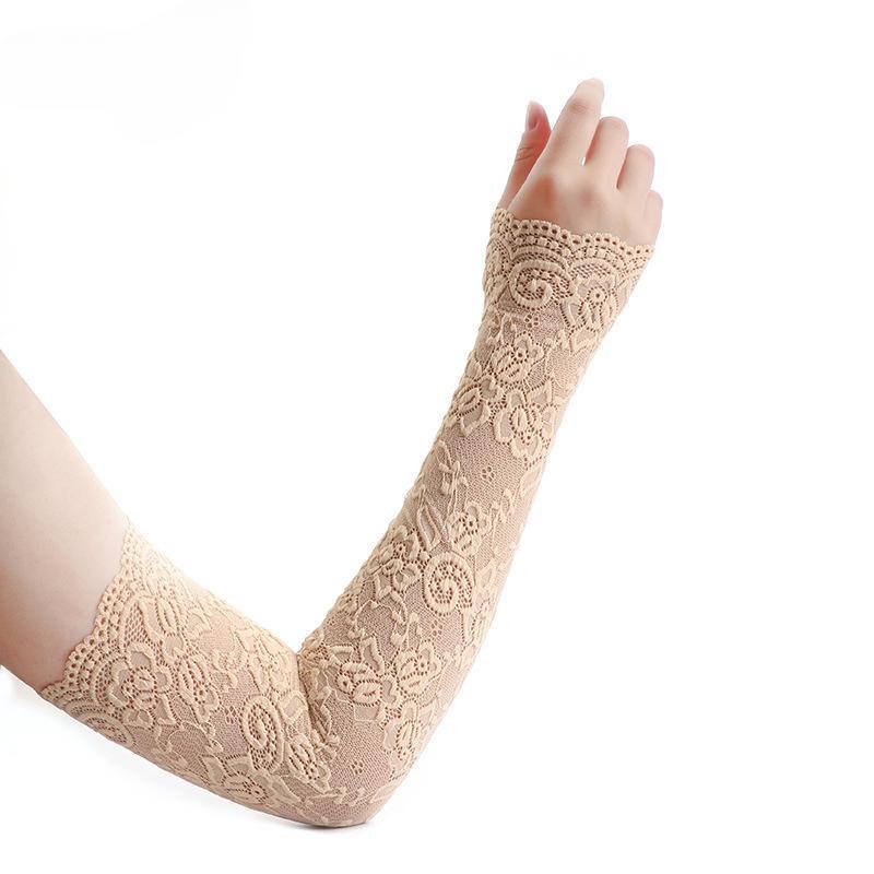 Kvinnors spetshandskar Fingerless Arm Sleeve Lång Tunn Solskydd Andas sommarsolskyddsmedel