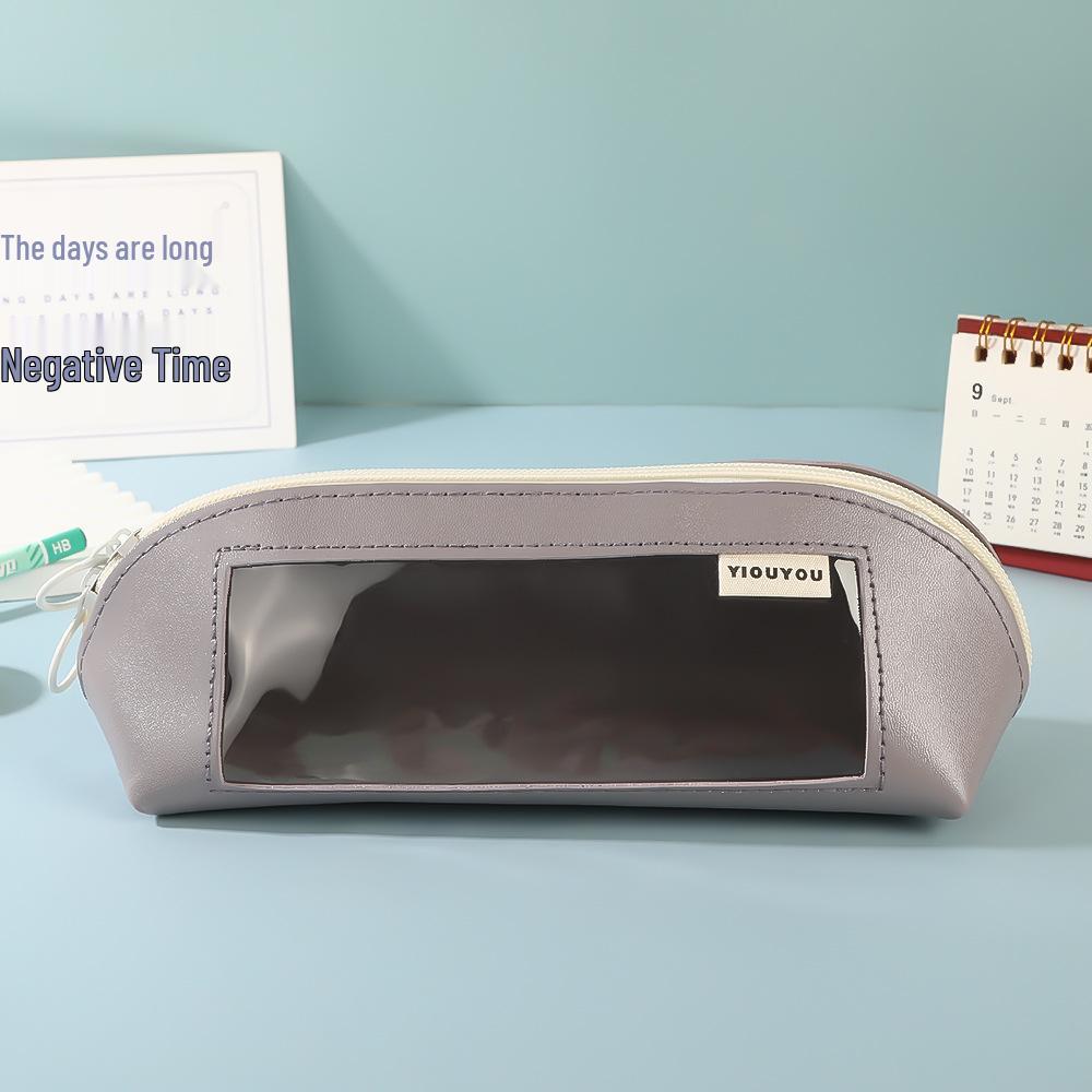 

Korean-Style Double-Sided Leather Pencil Case with Transparent Window 22*8*7 cm серый