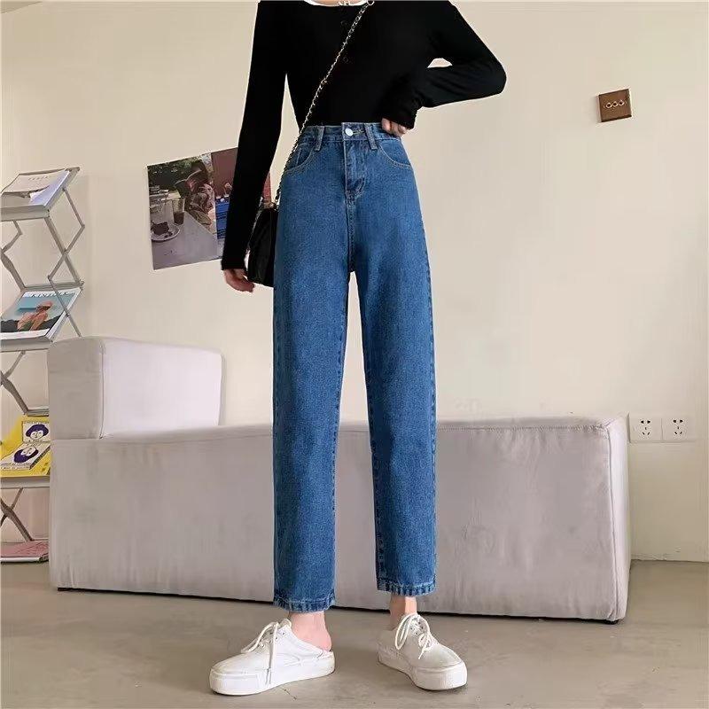 Jeans women's autumn and winter new large size high waist thin high straight trousers