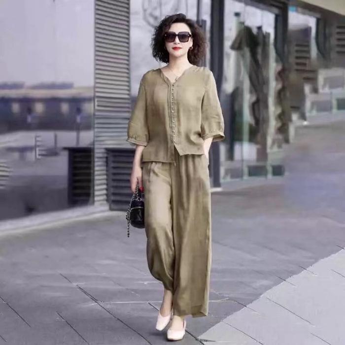2025 Women's Retro Fashion Casual Two-Piece Set: Top & Wide-Leg Pants