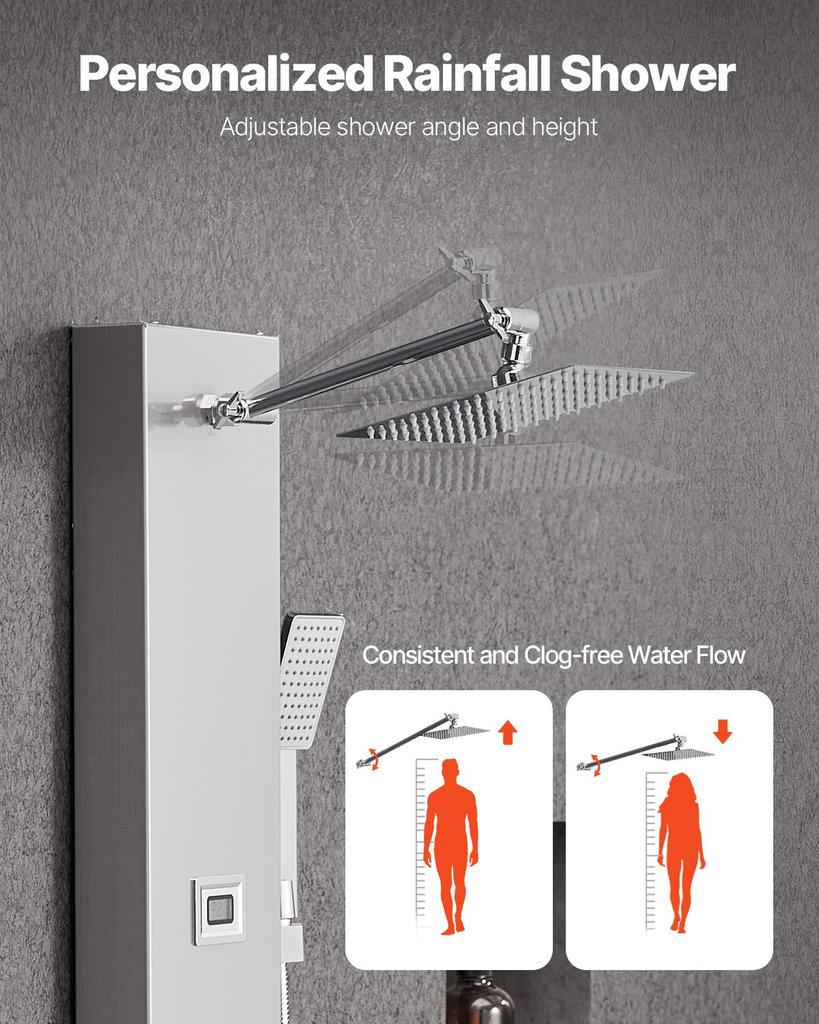 VEVOR Shower Panel Tower System with Rainfall Shower Head, LED, 49 in Brushed Stainless Steel Shower Column, 4-Function Faucet