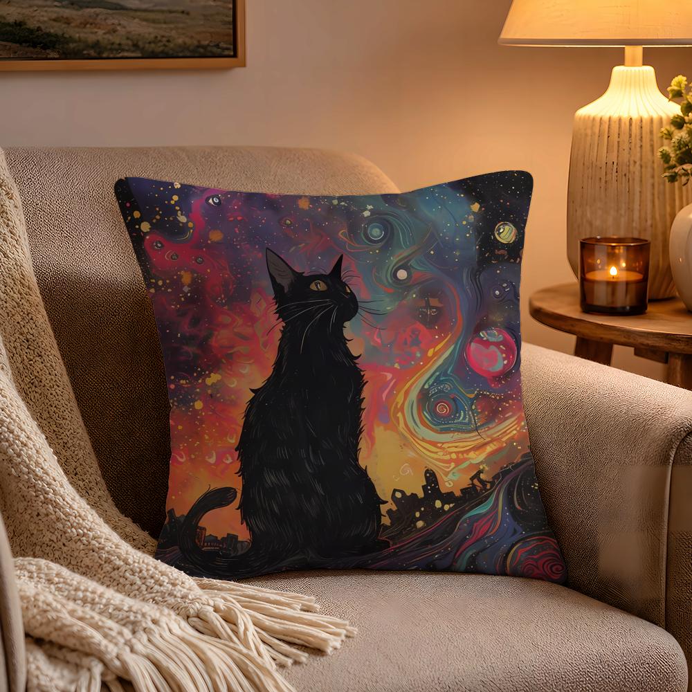 Anime Starry Sky Art cat Pillow Case Soft Plush Cushion Cover Double Print and Invisible Zipper for Sofa Home Car Use